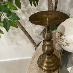 Elegant Vintage Brass Pillar Candlestick Holder w spike Holder measures 9” tall
